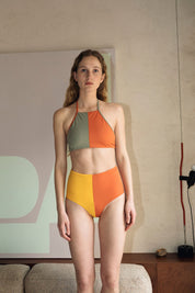 Polo Top / Orange & Light Olive Green