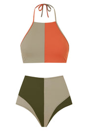 Halter Bikini Top POLO, Papaya Orange & Sage | SURO